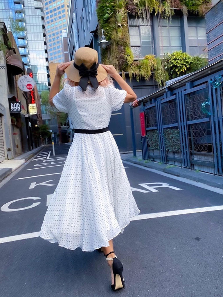 White Polka Dots Puff Sleeve 50S Dress White / S White Polka Dots Puff Sleeve 50S Dress White / S