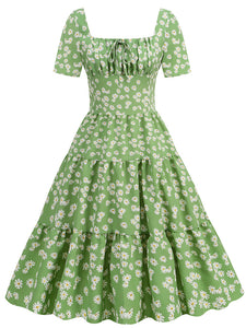 Square Neck Daisy Print Retro 1950S Dress