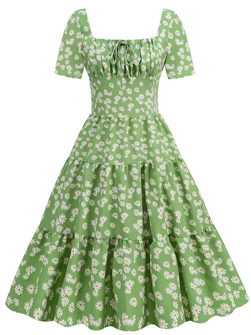 Square Neck Daisy Print Retro 1950S Dress