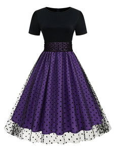 Black Crew Neck Polka Dots Embroidered Short Sleeve 50S Swing Dress