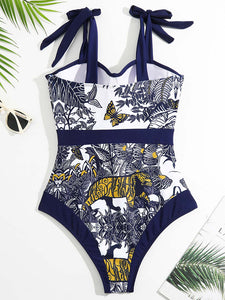 Animal Floral Print Strap One Piece With Bathing Suit Wrap Skirt