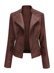 Women‘s Leather Jacket Weave Long Sleeve Winter Coat