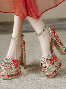 14CM Platform Luxury Flower Chunky Heels Sandals Retro Shoes