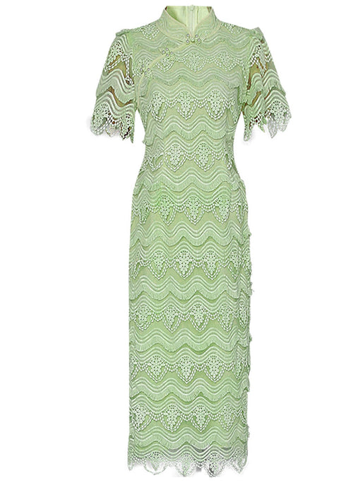 Green Heavy Lace Fabric Embroidered Tassel 1940S Vintage Dress