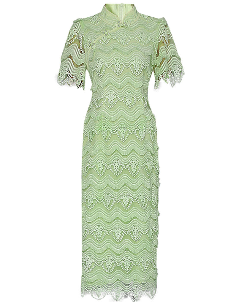 Green Heavy Lace Fabric Embroidered Tassel 1940S Vintage Dress