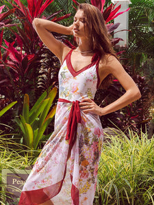 Floral Print Retro Style V Neck One Piece With Bathing Suit Wrap Skirt