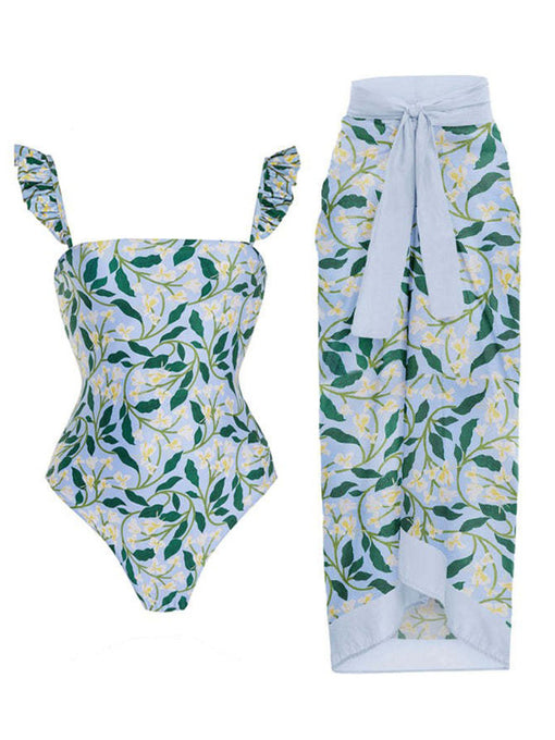 Floral Print Retro Style Strap One Piece With Bathing Suit Wrap Skirt