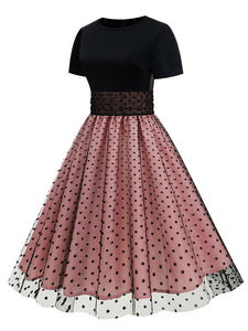 Black Crew Neck Polka Dots Embroidered Short Sleeve 50S Swing Dress