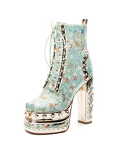 Load image into Gallery viewer, 15CM Luxury Embroidered Chunky High Heel Platform Bootie Vintage Shoes