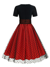 Load image into Gallery viewer, Black Crew Neck Polka Dots Embroidered Short Sleeve 50S Swing Dress