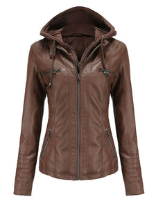 Winter‘s Coat Long Sleeve PU Leather With faux fur lined Warm Hooded Jacket For Women