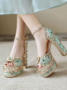 14CM Platform Luxury Flower Chunky Heels Sandals Retro Shoes