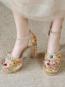 14CM Platform Luxury Flower Chunky Heels Sandals Retro Shoes