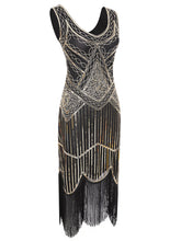 Load image into Gallery viewer, Black Gold 1920s V Neck Sequined Flapper Dress
