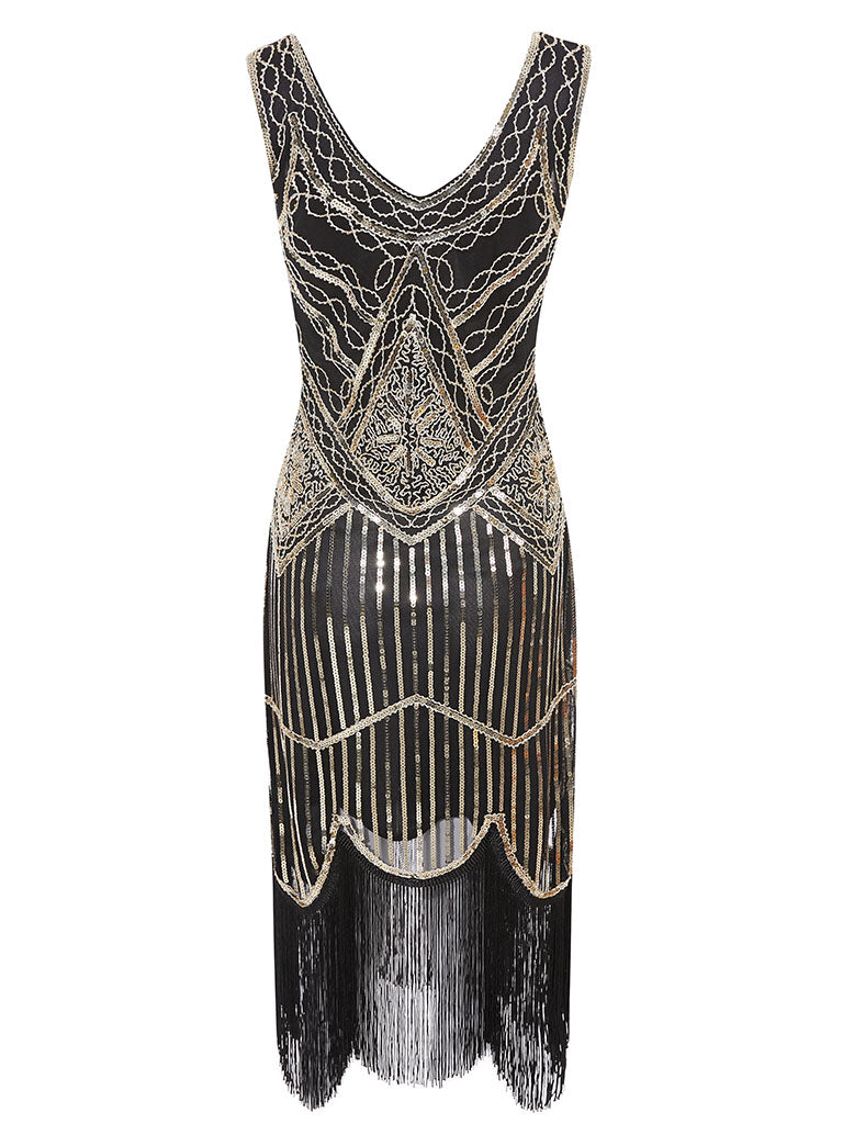 Black Gold 1920s V Neck Sequined Flapper Dress, Black Gold / XXL Black Gold 1920s V Neck Sequined Flapper Dress, Black Gold / XXL
