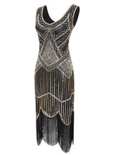 Load image into Gallery viewer, Black Gold 1920s V Neck Sequined Flapper Dress