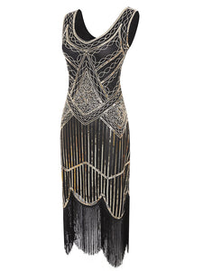Black Gold 1920s V Neck Sequined Flapper Dress