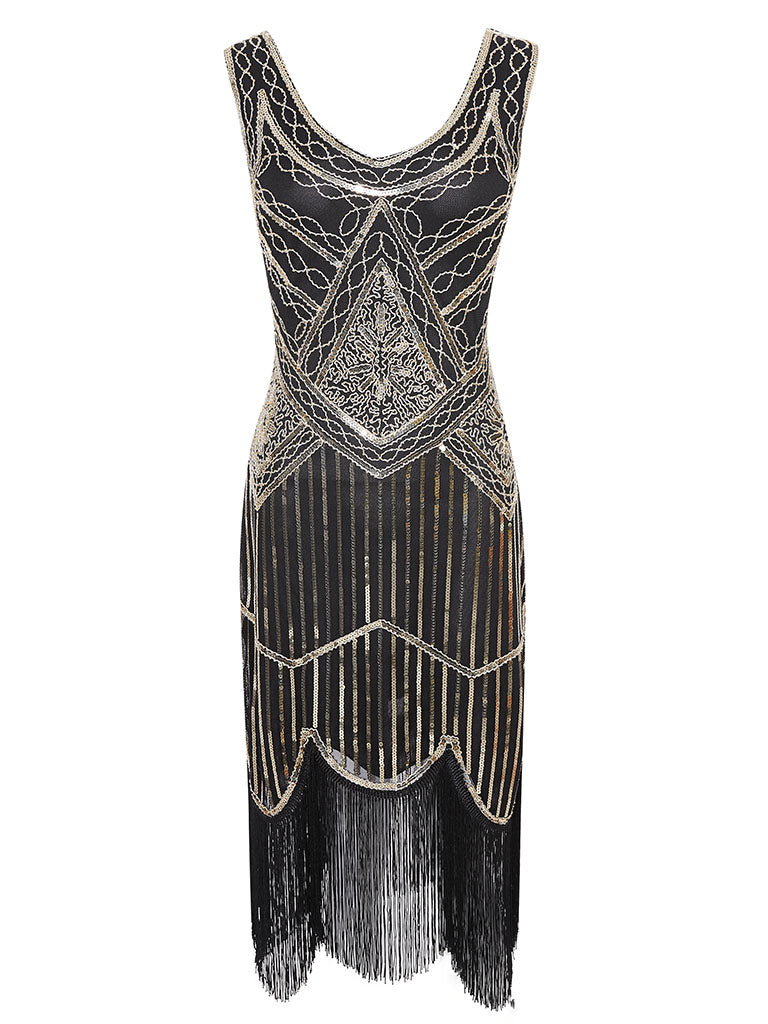 Black Gold 1920s V Neck Sequined Flapper Dress, Black Gold / L