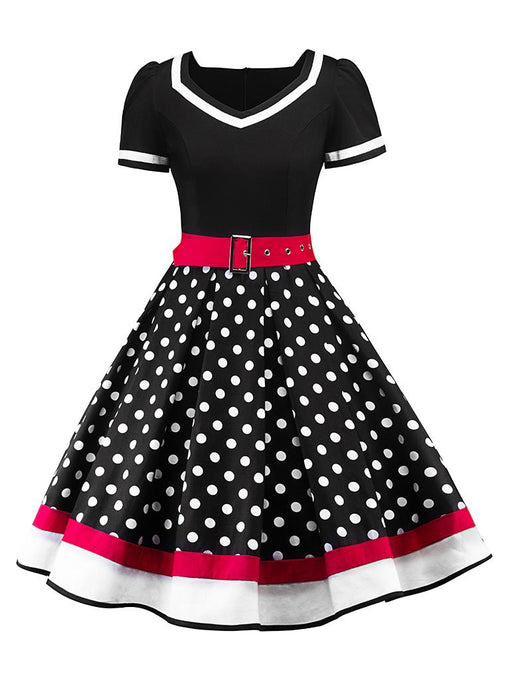 Sweet Heart Neck Polka Dots A Line Vintage Dress With Belt