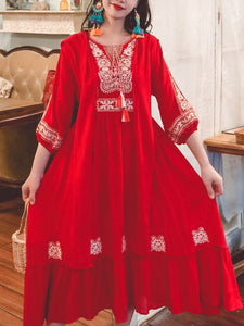 Jolly Vintage 2 Pieces Bohemian Hooded Embroidered Floral 3/4 Sleeve Boho Dress