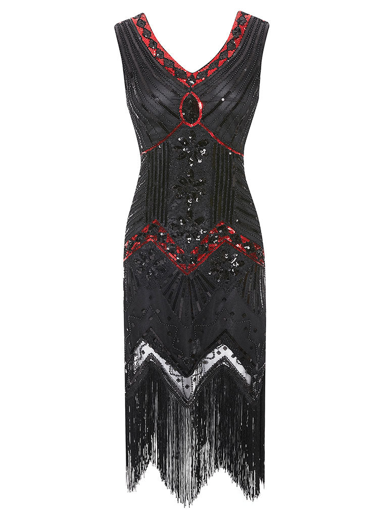 Dark Green 1920s Sequined Flapper Dress, Black Red / L Dark Green 1920s Sequined Flapper Dress, Black Red / L