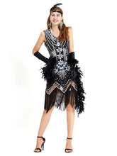 Load image into Gallery viewer, Black Silver 1920s V Neck Sequined Flapper Dres