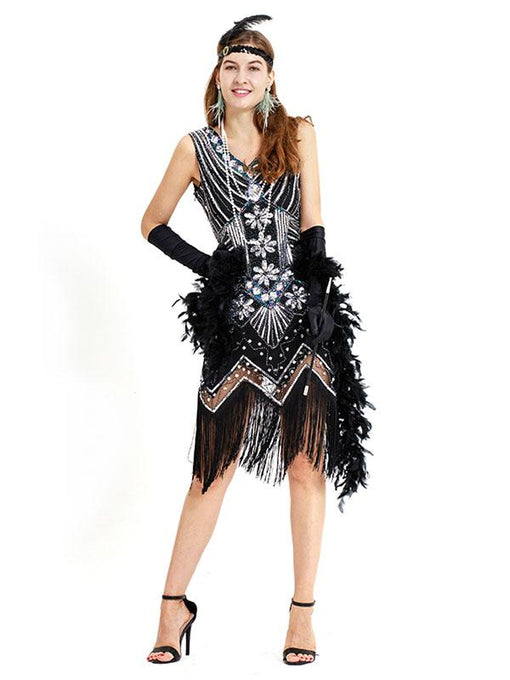 Black Silver 1920s V Neck Sequined Flapper Dres