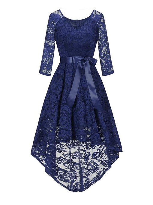 Lace V Neck 3/4 Length Sleeve High Low Hem Vintage Dress