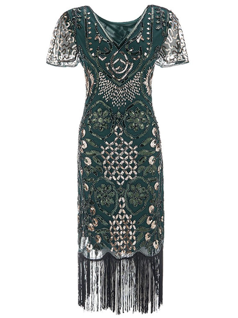 Women's Flapper Dresses 1920s Sequins Art Deco Gatsby Cocktail Dress with Sleeve