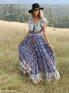 Women's Summer Boho Dress Floral Printed V Elastic Band Collar Beach Maxi Dress