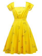 Load image into Gallery viewer, Yellow Sweet Cap Sleeve Printed Vintage Dress