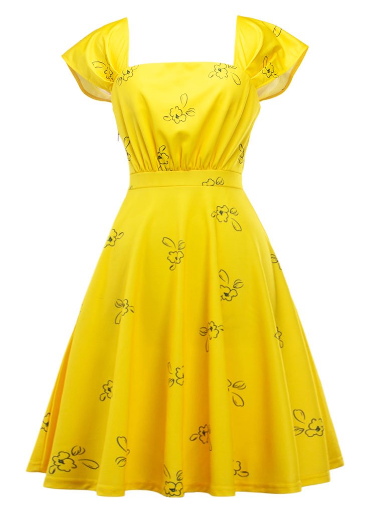 Yellow Sweet Cap Sleeve Printed Vintage Dress