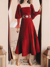 Load image into Gallery viewer, Embroidered Lantern Sleeve Vintage Little Red Dress