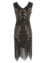 Load image into Gallery viewer, Black 1920s V Neck Sequined Flapper Dress