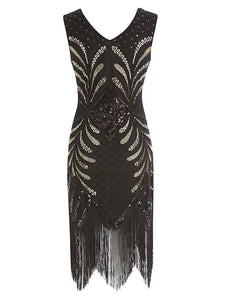 Black 1920s V Neck Sequined Flapper Dress, Black / 3XL Black 1920s V Neck Sequined Flapper Dress, Black / 3XL
