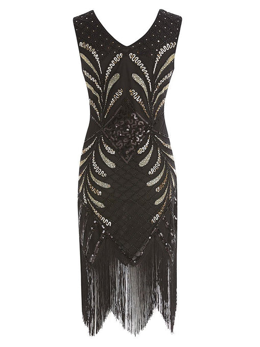 Black 1920s V Neck Sequined Flapper Dress