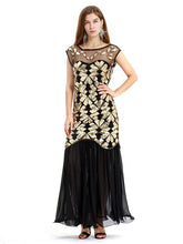 Load image into Gallery viewer, Black Gold 1920s Crew Neck Sequined Flapper Dres