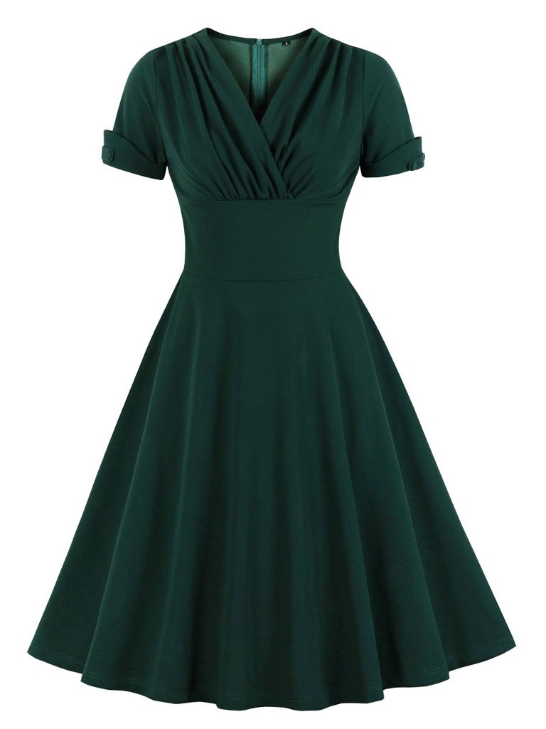 Dark Green V Neck Short Sleeve 50s Vintage Dress, Dark Green / XL Dark Green V Neck Short Sleeve 50s Vintage Dress, Dark Green / XL