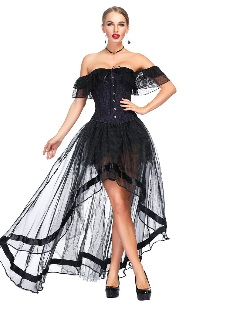 Halloween Costume Gothic Black Vintage Corset Top High Low Skirt for Women, Black / XL
