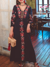Load image into Gallery viewer, Women&#39;s Bohemian Embroidered Floral V Neck Long Sleeve Cotton Boho Maxi Dress
