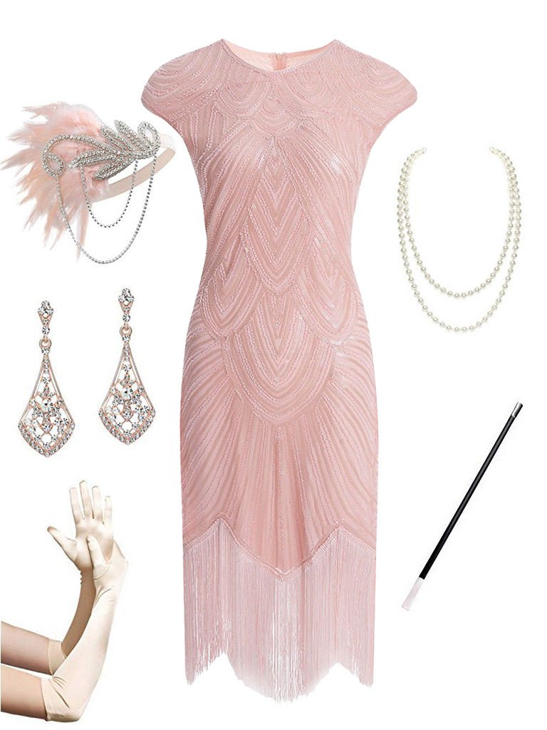 Pink Dress 20s 1920s Gatsby Sequined Fringed Flapper Dress Set, Pink / Xs Pink Dress 20s 1920s Gatsby Sequined Fringed Flapper Dress Set, Pink / Xs