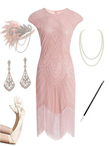Pink Dress 20s 1920s Gatsby Sequined Fringed Flapper Dress Set