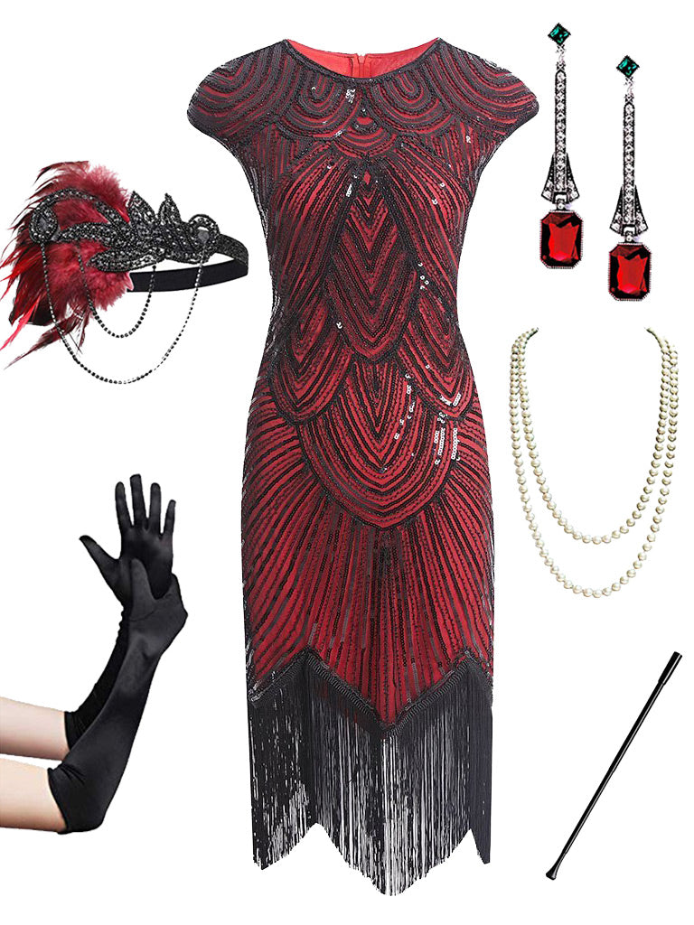 Wine Red 1920s Sequined Gatsby Flapper Dress Set, Black Red / 2XL Wine Red 1920s Sequined Gatsby Flapper Dress Set, Black Red / 2XL
