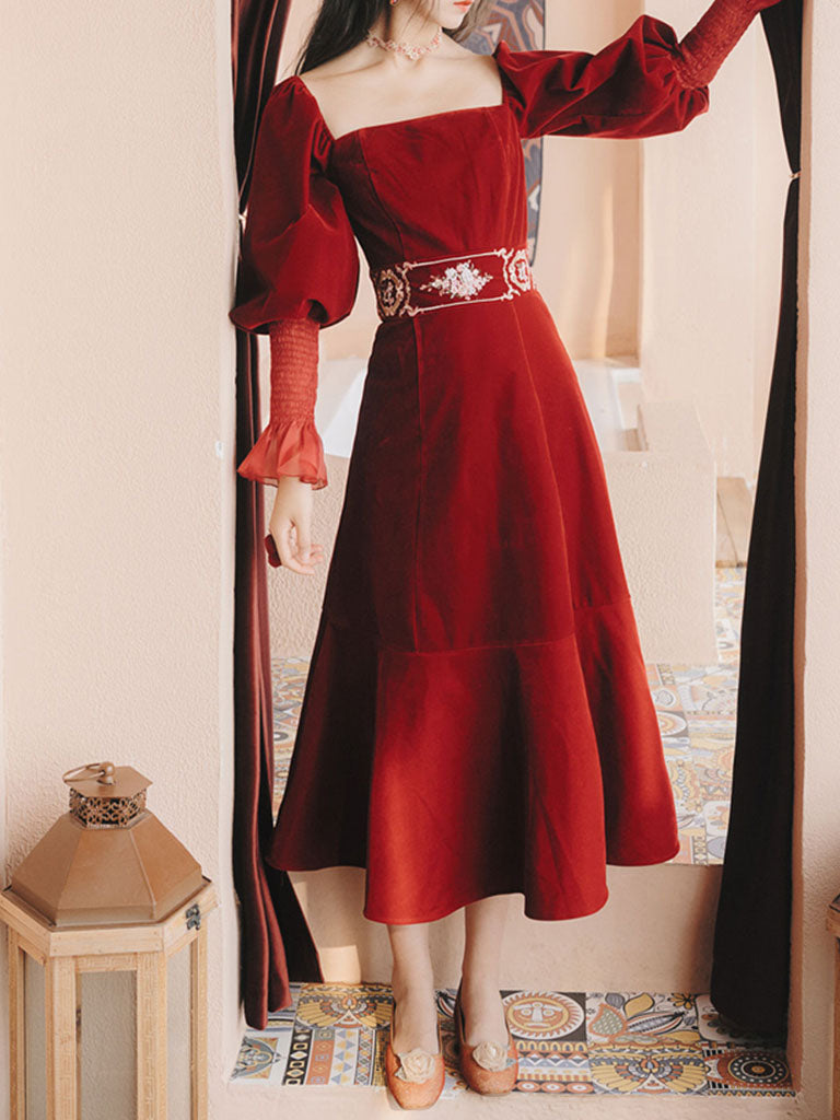 Embroidered Lantern Sleeve Vintage Little Red Dress Jolly Vintage Embroidered Lantern Sleeve Vintage Little Red Dress Jolly Vintage