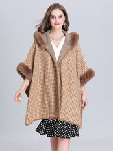 Load image into Gallery viewer, Faux Fur Coat Wool Cape Coat Hooded Long Sleeve Women Gingham Overcoat 