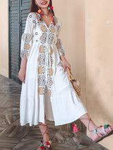 Load image into Gallery viewer, Women&#39;s Bohemian Floral Embroidered V Neck 3/4 Sleeves Front Split Button Maxi Boho Dress
