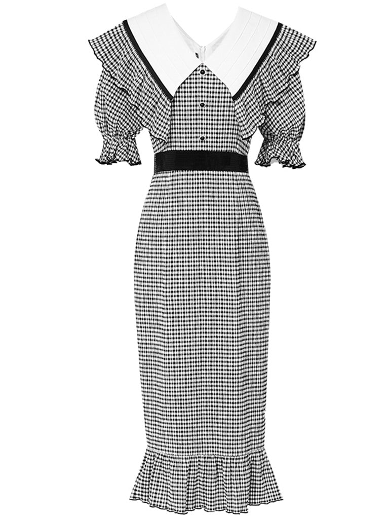 Black and White Plaid Mermaid Dress with Large Lapel Puff Sleeves, Black / S