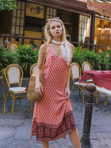 Women's Boho Dress Floral Printed Spaghetti Strap Beach Dress Maxi Dress