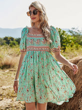 Load image into Gallery viewer, Women&#39;s Green Floral Boho Dress Short Ruffle Sleeve Square Neck Beach Dress