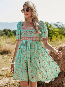 Women's Green Floral Boho Dress Short Ruffle Sleeve Square Neck Beach Dress